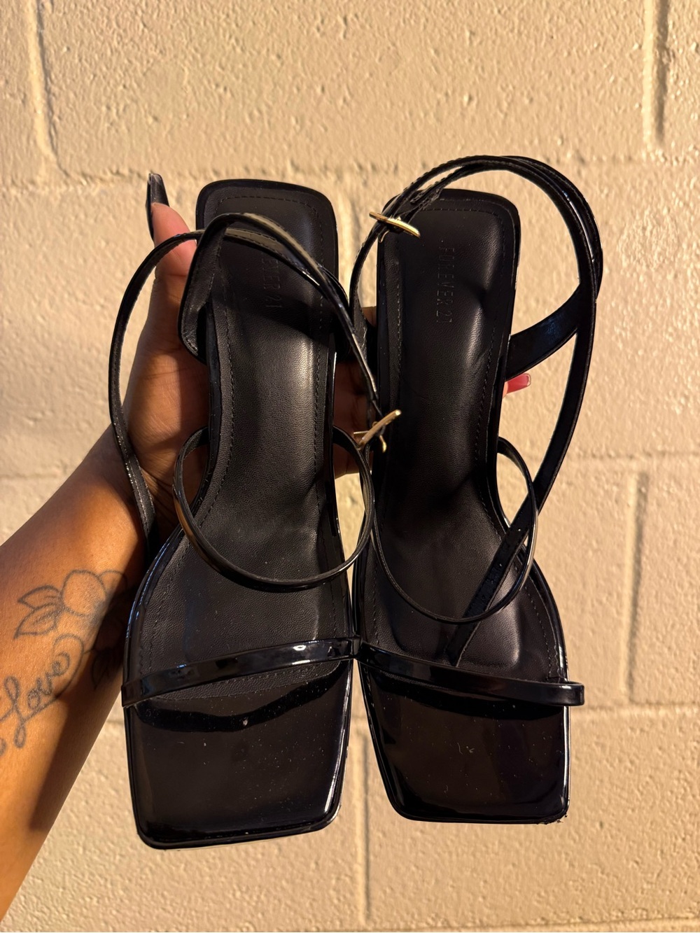 Forever 21 Black Patent Square-Toe Strappy Sandals